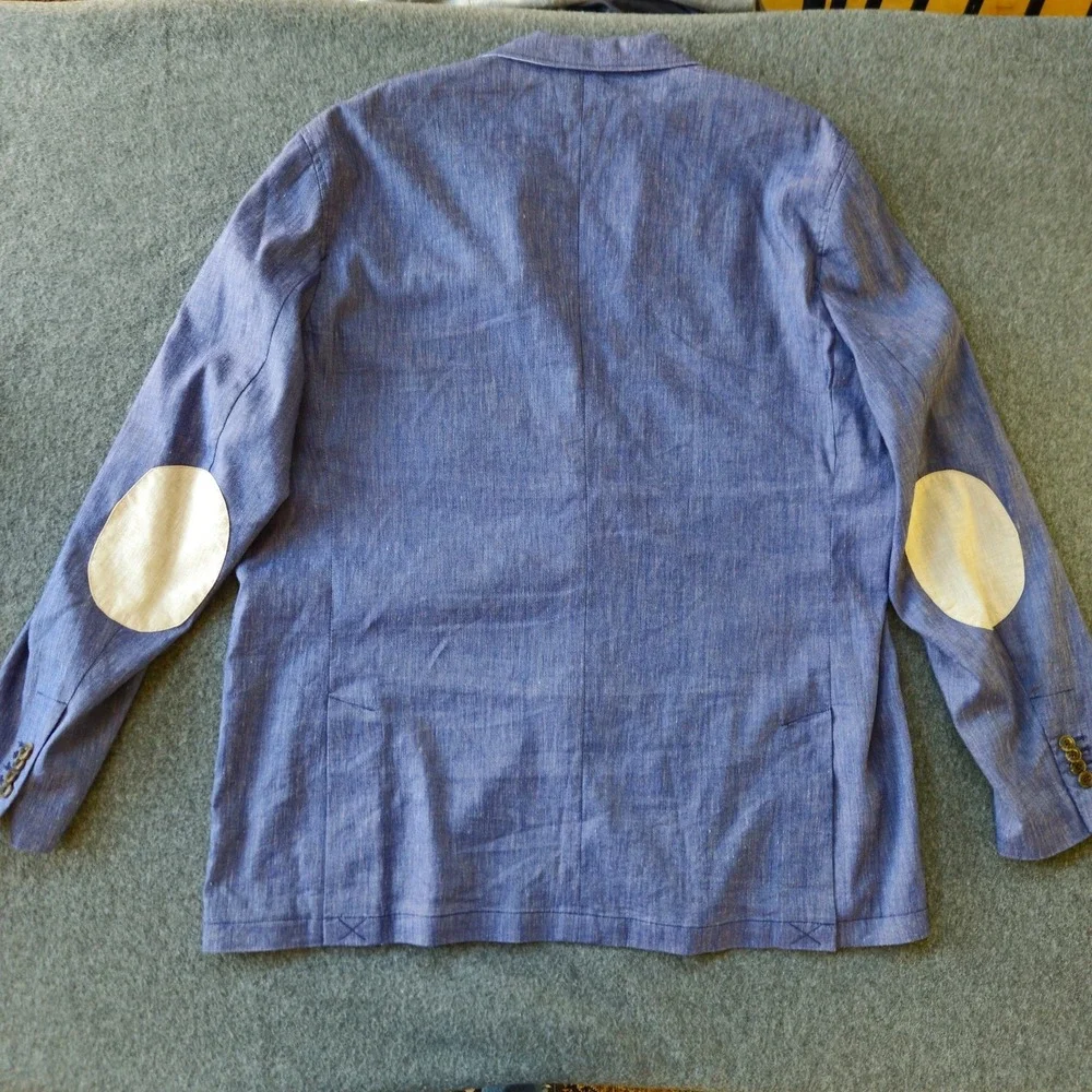 Cremieux Blue Linen Sport Coat XXL Elbow Patch Two Button Butterfly Half Lining